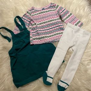 3/25$ Carter's 3 Piece set Green Dress with Shirt and Tights Size 12 mos